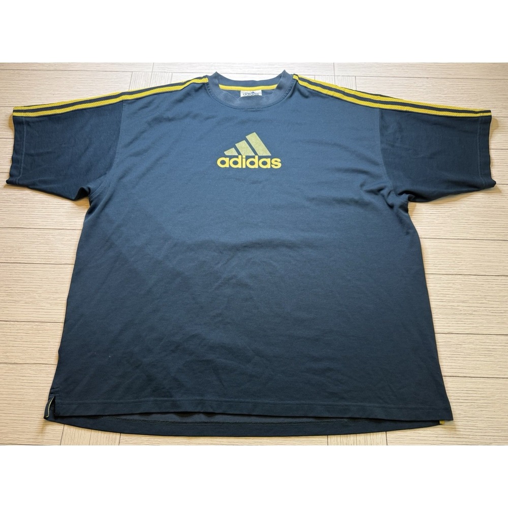 Adidas VTG T Shirt Adult XXL Navy Yellow Striped Sports Y2K 90s‎ Hipster Retro